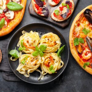 Italian cuisine. Pizza, pasta and toasts