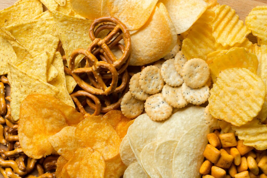 Salty snacks. Pretzels, chips, crackers